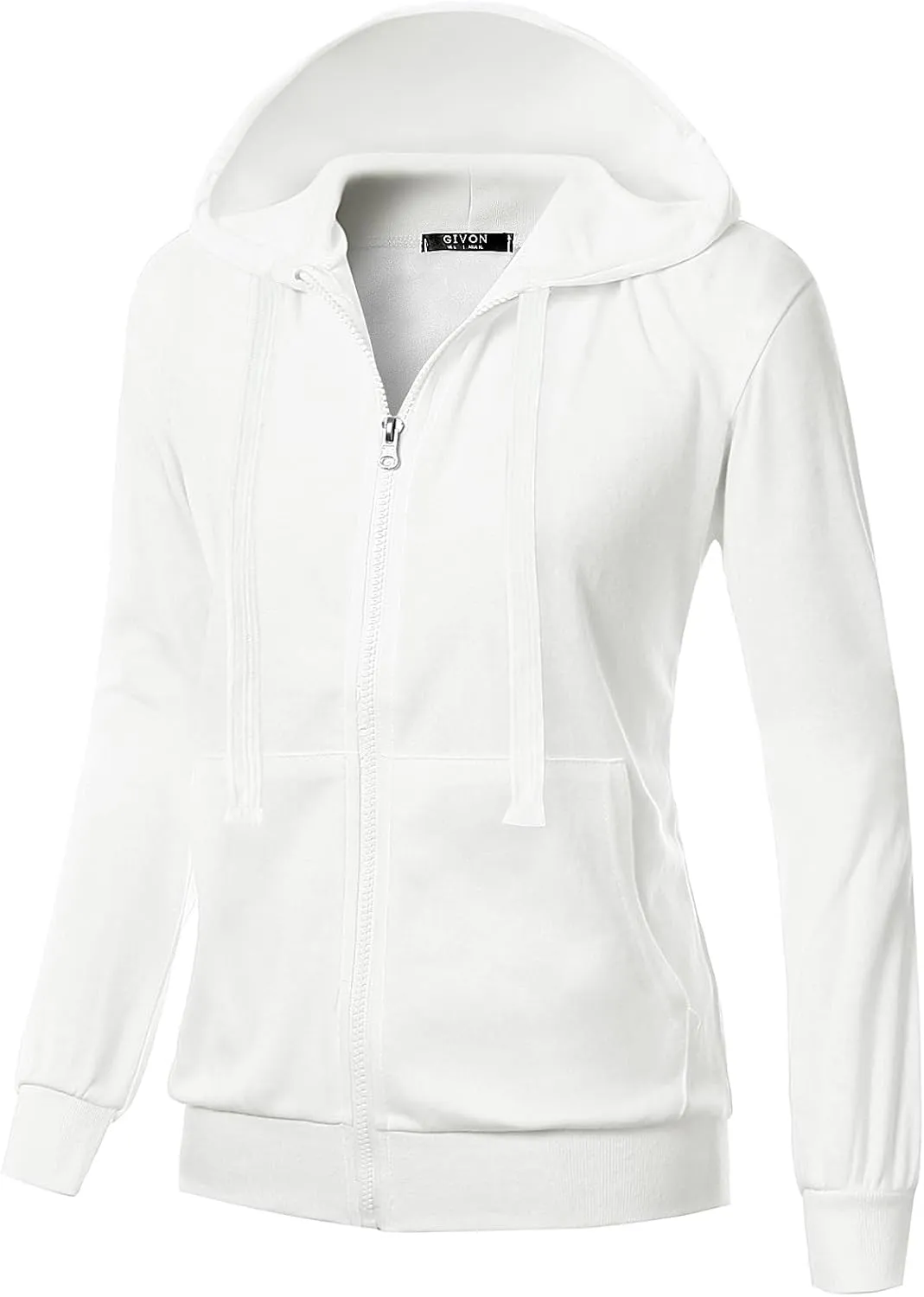 GIVON Women's Lightweight Fleece Zip Up Hoodie Regular Fit Solid Color with White Drawstring & Zipper