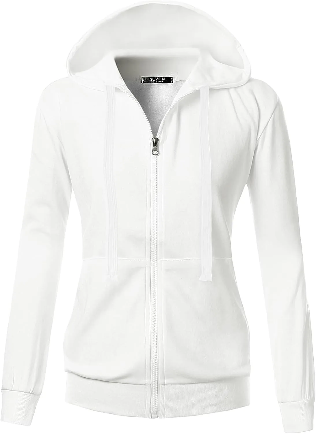 GIVON Women's Lightweight Fleece Zip Up Hoodie Regular Fit Solid Color with White Drawstring & Zipper