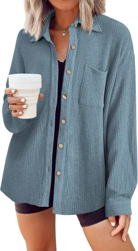 HOTOUCH Waffle Knit Button Down Shirts for Women Dressy Casual Work Tops Long Sleeve Loose Fit Shacket with Pocket