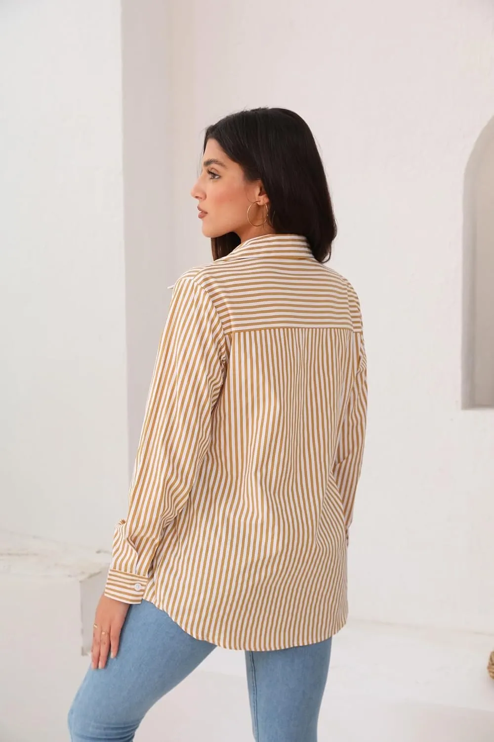 HOTOUCH Womens Striped Button Down Shirts Collared Shirt Casual Long Sleeve Business Office Work Blouses Tops
