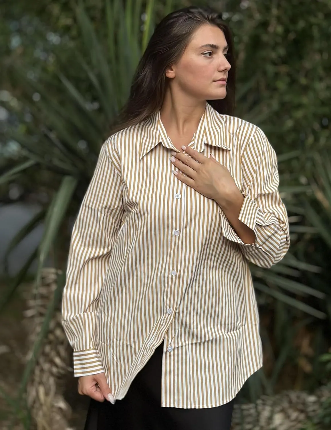 HOTOUCH Womens Striped Button Down Shirts Collared Shirt Casual Long Sleeve Business Office Work Blouses Tops