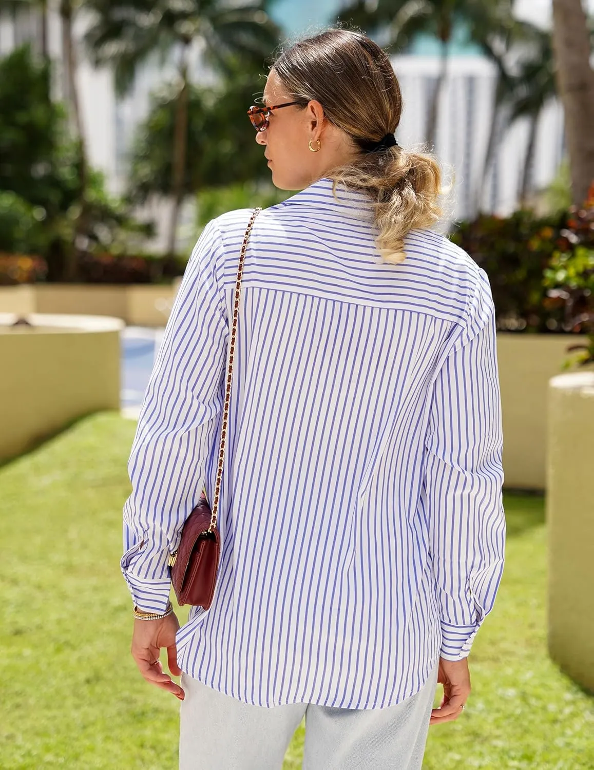 HOTOUCH Womens Striped Button Down Shirts Collared Shirt Casual Long Sleeve Business Office Work Blouses Tops
