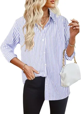 HOTOUCH Womens Striped Button Down Shirts Collared Shirt Casual Long Sleeve Business Office Work Blouses Tops
