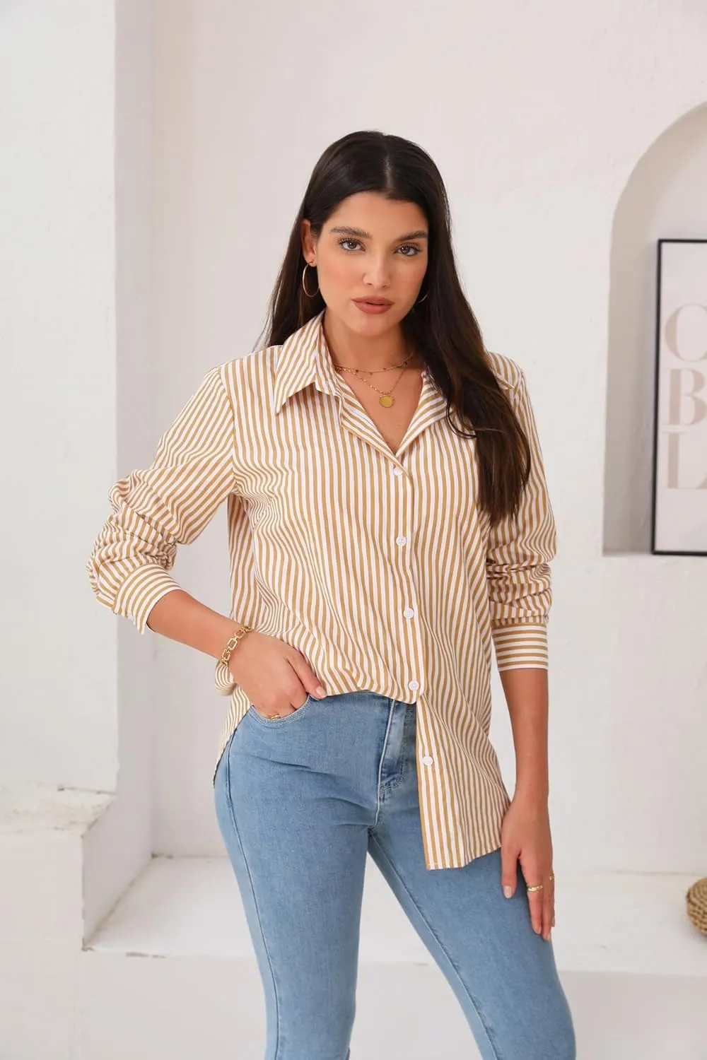 HOTOUCH Womens Striped Button Down Shirts Collared Shirt Casual Long Sleeve Business Office Work Blouses Tops
