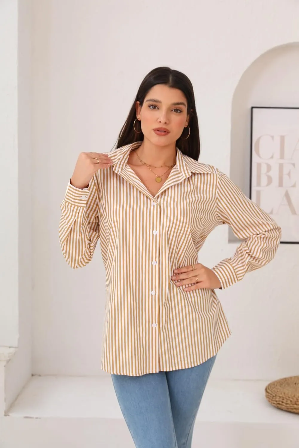 HOTOUCH Womens Striped Button Down Shirts Collared Shirt Casual Long Sleeve Business Office Work Blouses Tops