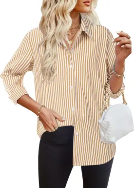 HOTOUCH Womens Striped Button Down Shirts Collared Shirt Casual Long Sleeve Business Office Work Blouses Tops