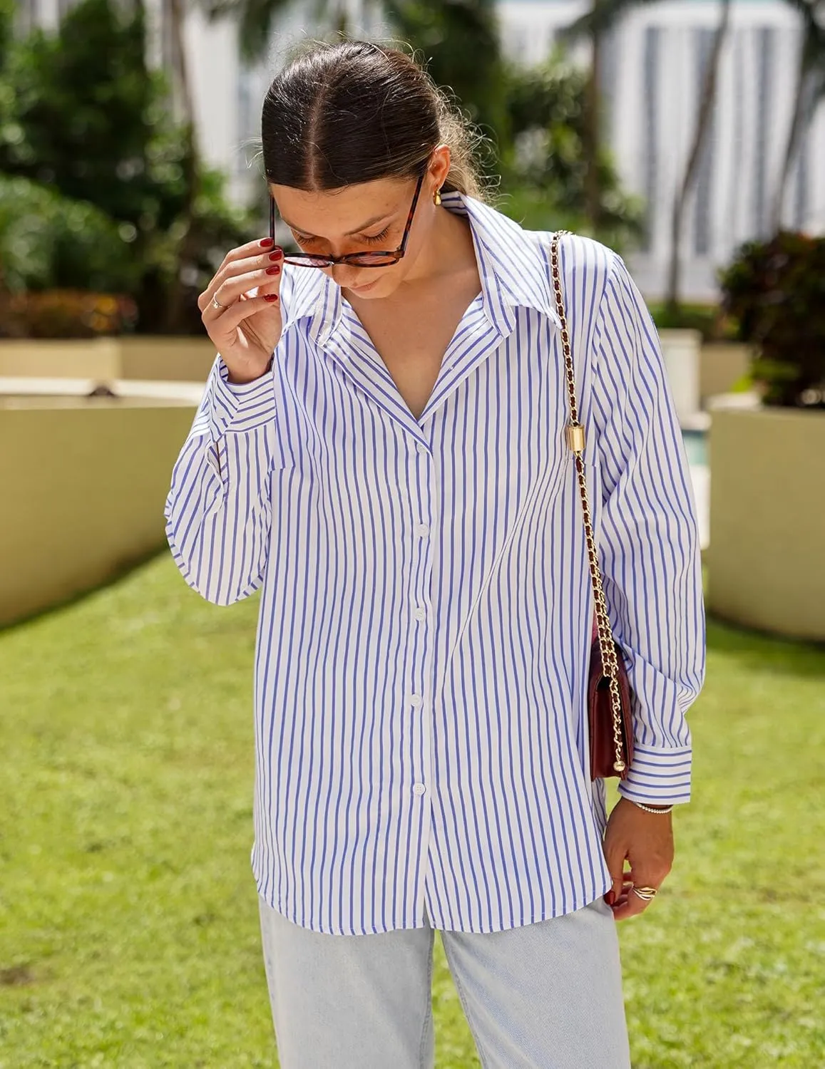 HOTOUCH Womens Striped Button Down Shirts Collared Shirt Casual Long Sleeve Business Office Work Blouses Tops
