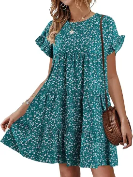 Imysty Womens Boho Floral Ruffle Sleeve Babydoll Loose Flowy Casual Summer Pleated Mini Dress