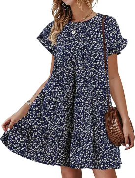 Imysty Womens Boho Floral Ruffle Sleeve Babydoll Loose Flowy Casual Summer Pleated Mini Dress