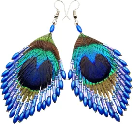 Iridescent Peacock Feather Earrings, Hand Beaded Blue Color Beads Peacock Earrings for Women, Handmade Dangle Drop Feather Earrings Fashion Jewelry DA138-A