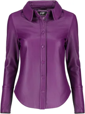 Jild Casual Shirt Leather Jacket Women - Long Sleeve Snap Button Down Soft Lambskin Leather Shacket Regular and Plus Size