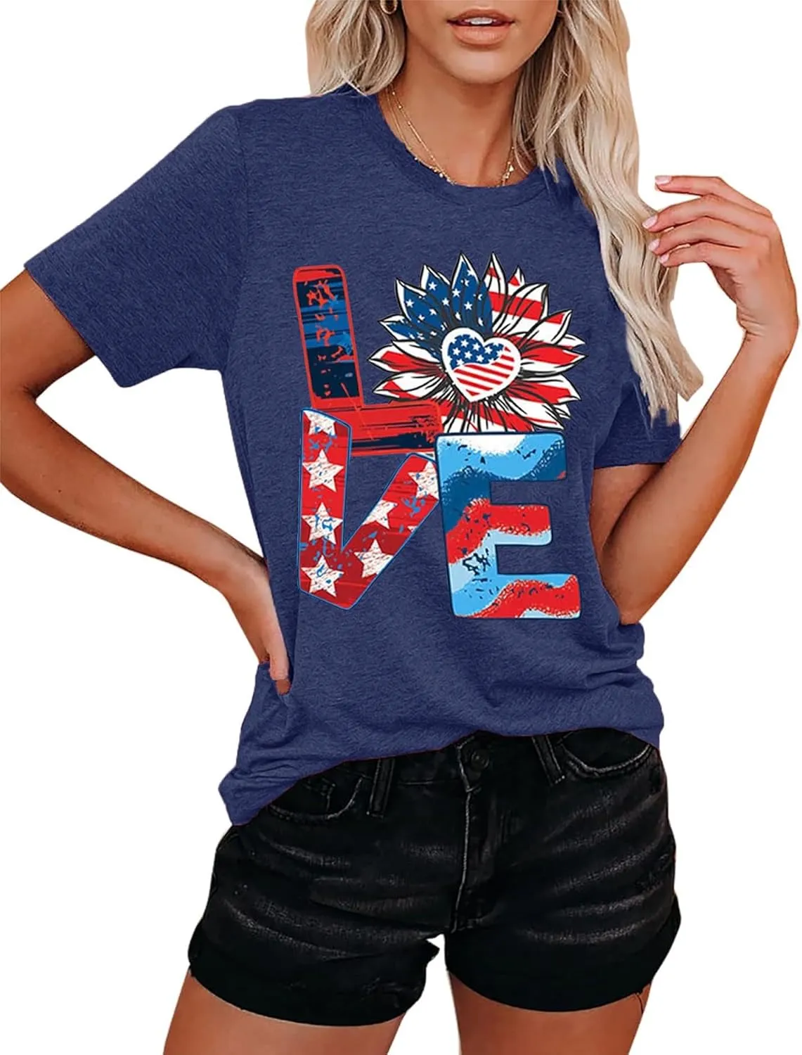 Jorlyen Women 4th of July Patriotic Shirt American Flag Independence Day Tee Summer Sunflower Shirt
