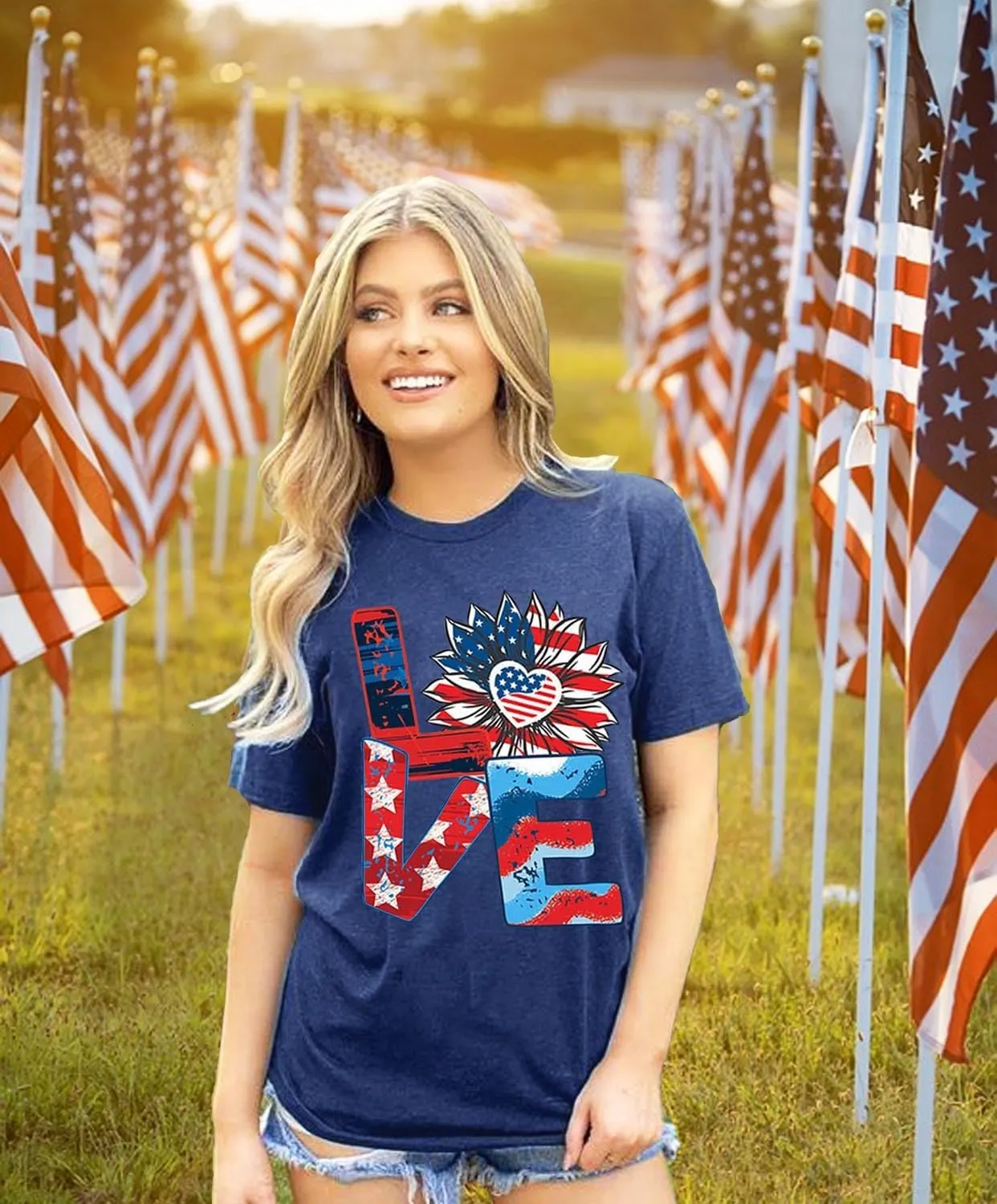 Jorlyen Women 4th of July Patriotic Shirt American Flag Independence Day Tee Summer Sunflower Shirt