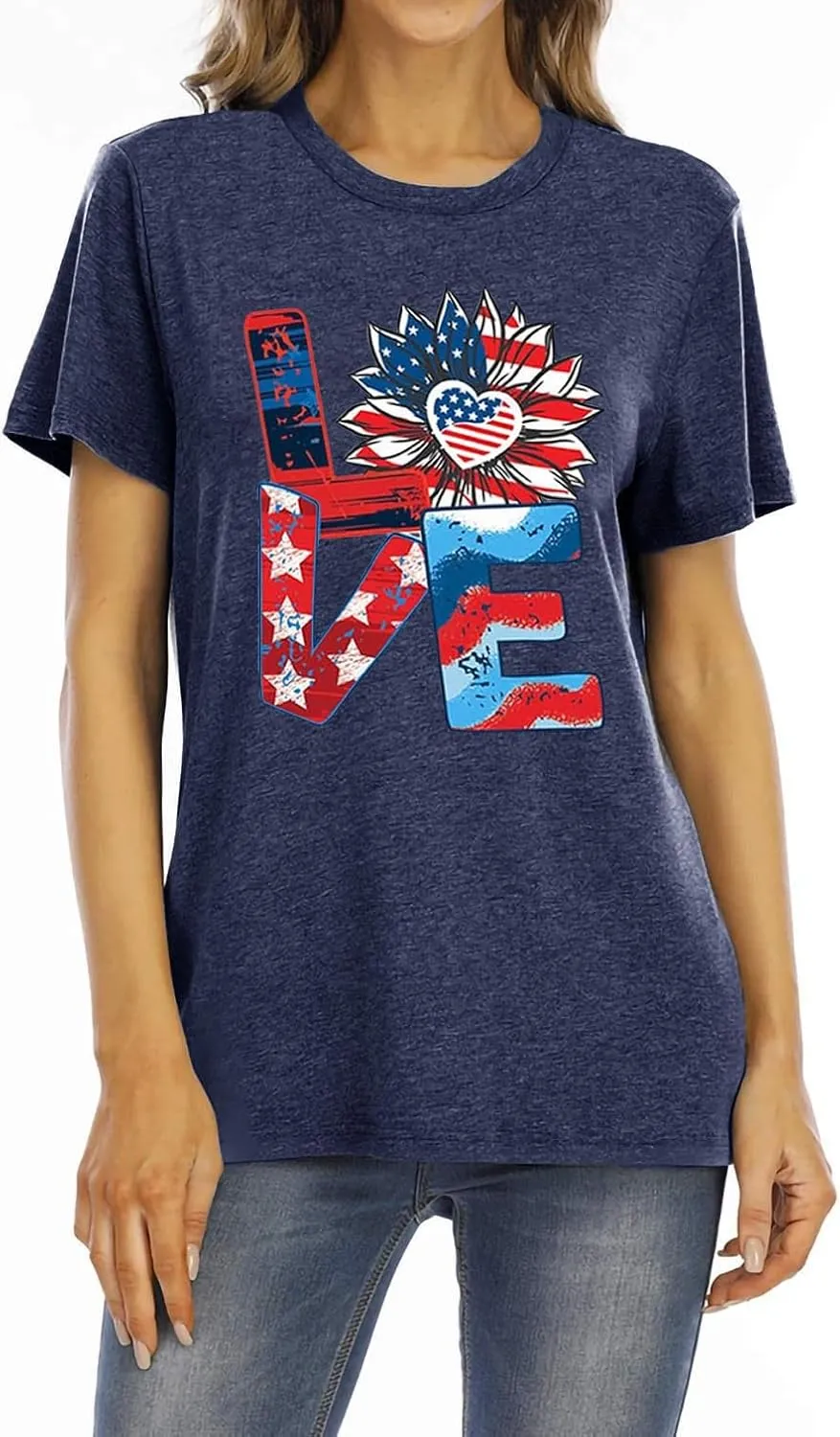 Jorlyen Women 4th of July Patriotic Shirt American Flag Independence Day Tee Summer Sunflower Shirt