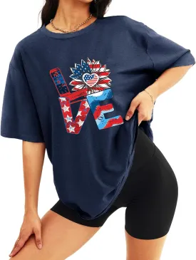 Jorlyen Women 4th of July Patriotic Shirt American Flag Independence Day Tee Summer Sunflower Shirt