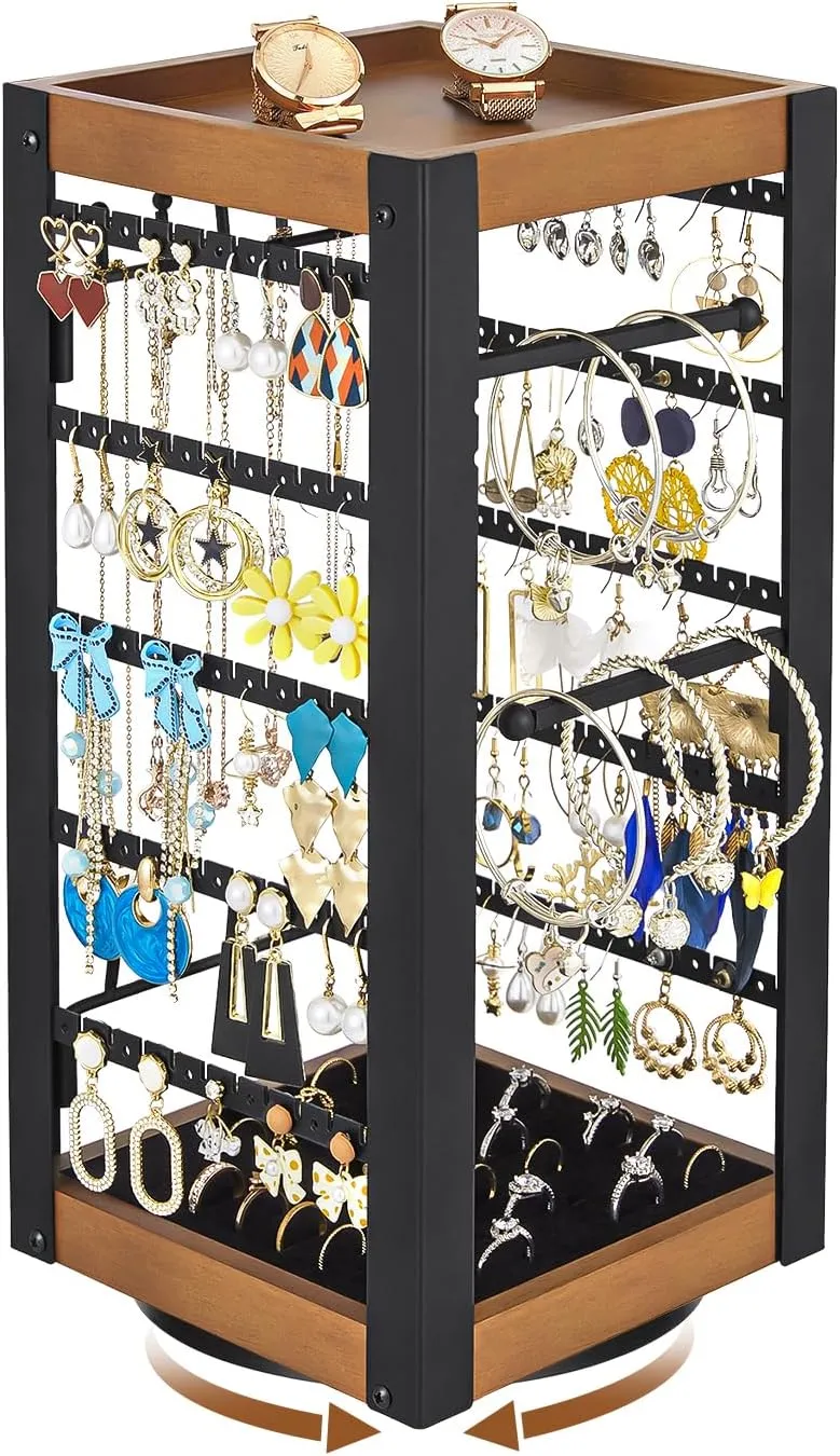 keomaisyto Rotating Earring Holder, Jewelry Holder Organizer with Ring Tray/Necklace/Bracelet Hooks, 360Earring Organizer with Stable Bamboo Base for Jewelry Display (Patent Pending)