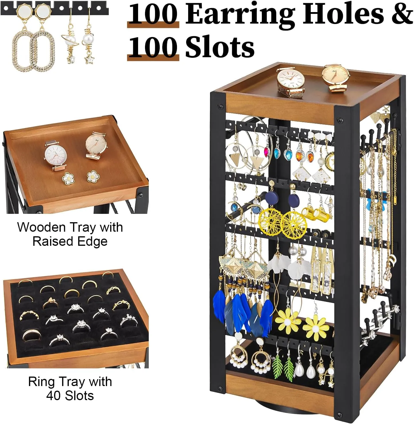 keomaisyto Rotating Earring Holder, Jewelry Holder Organizer with Ring Tray/Necklace/Bracelet Hooks, 360Earring Organizer with Stable Bamboo Base for Jewelry Display (Patent Pending)