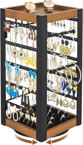 keomaisyto Rotating Earring Holder, Jewelry Holder Organizer with Ring Tray/Necklace/Bracelet Hooks, 360Earring Organizer with Stable Bamboo Base for Jewelry Display (Patent Pending)