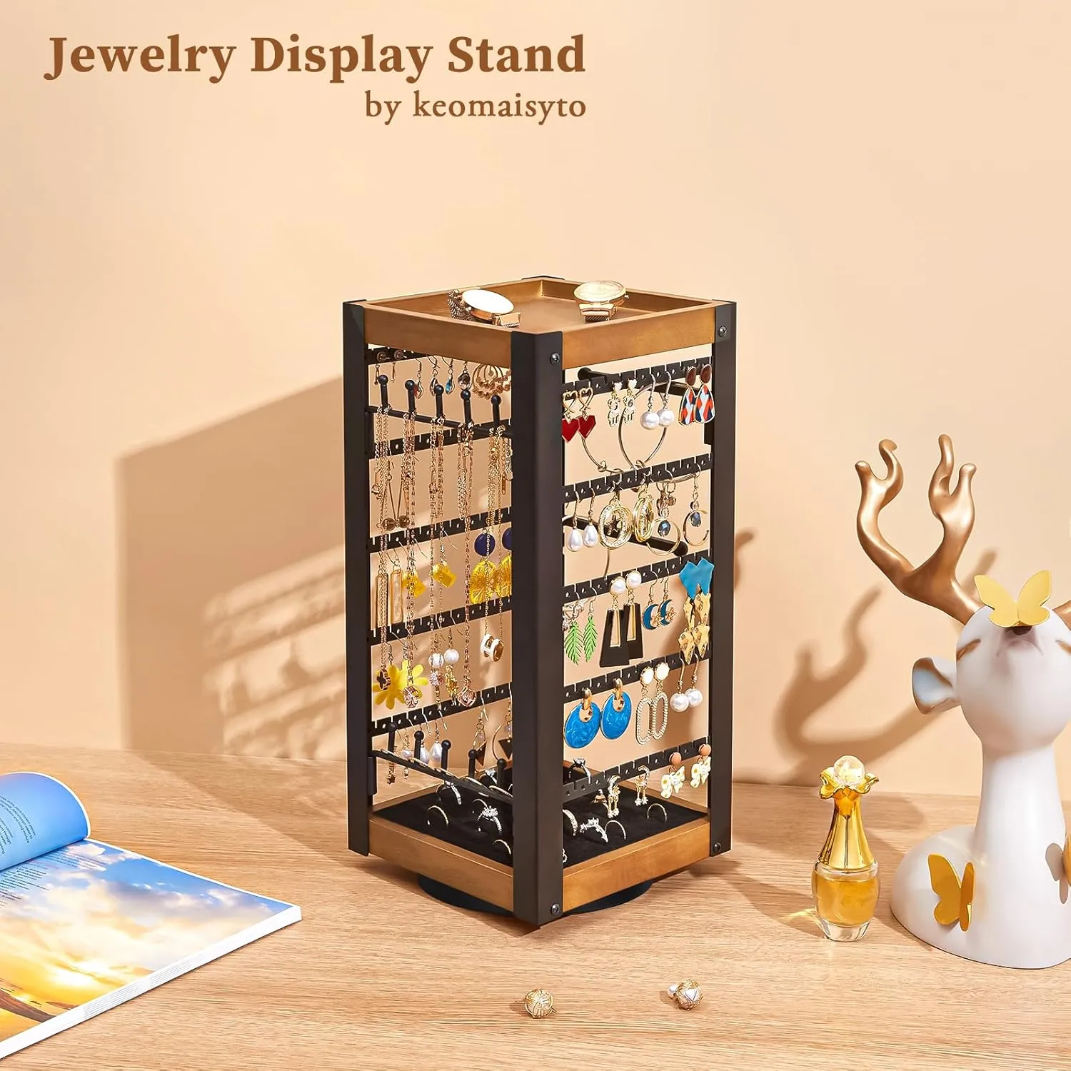 keomaisyto Rotating Earring Holder, Jewelry Holder Organizer with Ring Tray/Necklace/Bracelet Hooks, 360Earring Organizer with Stable Bamboo Base for Jewelry Display (Patent Pending)
