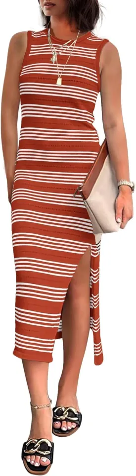 kinstell 2025 Women's Summer Midi Dresses Sleeveless Hollow Out Crochet Sweater Knit Side Slit Striped Long Tank Dress