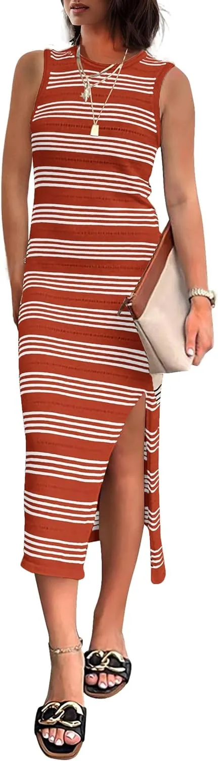 kinstell 2025 Women's Summer Midi Dresses Sleeveless Hollow Out Crochet Sweater Knit Side Slit Striped Long Tank Dress