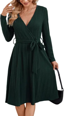 Kormei Women's Sweater Dress Long Sleeve Casual Outfits V Neck Ribbed Knit Belt Wedding Dresses