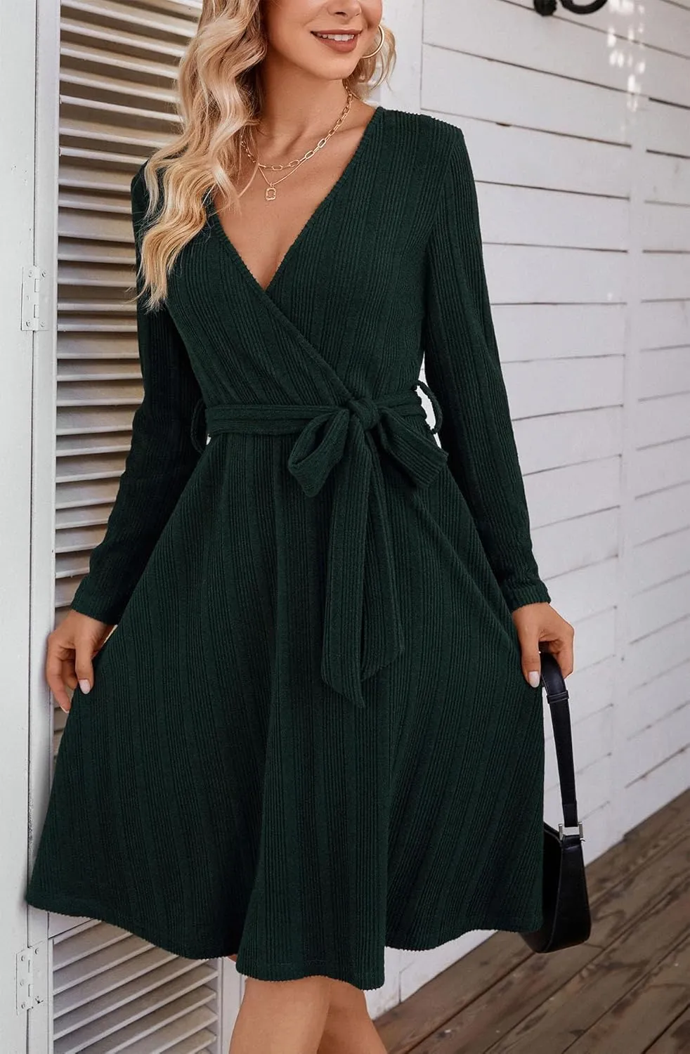 Kormei Women's Sweater Dress Long Sleeve Casual Outfits V Neck Ribbed Knit Belt Wedding Dresses