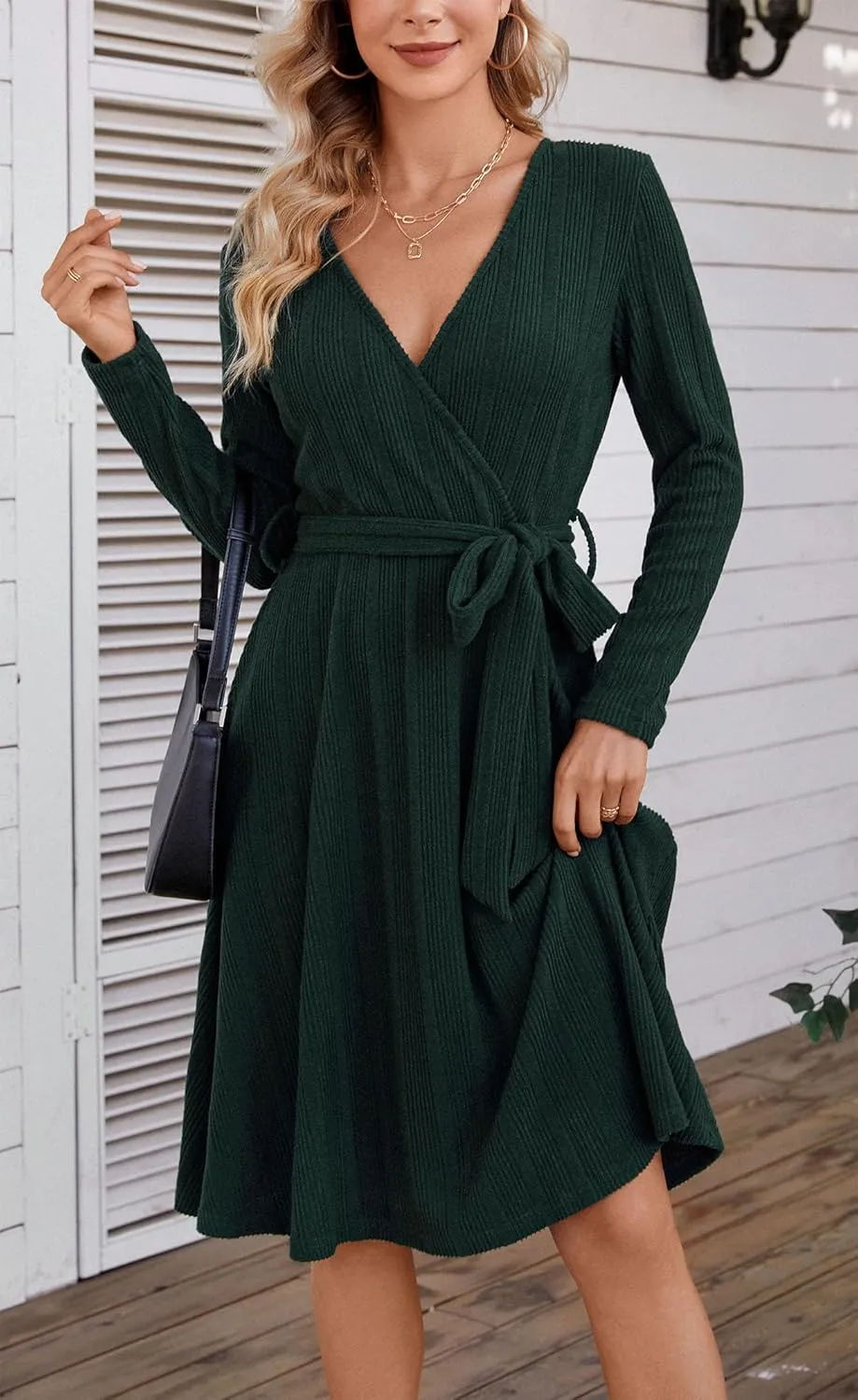 Kormei Women's Sweater Dress Long Sleeve Casual Outfits V Neck Ribbed Knit Belt Wedding Dresses