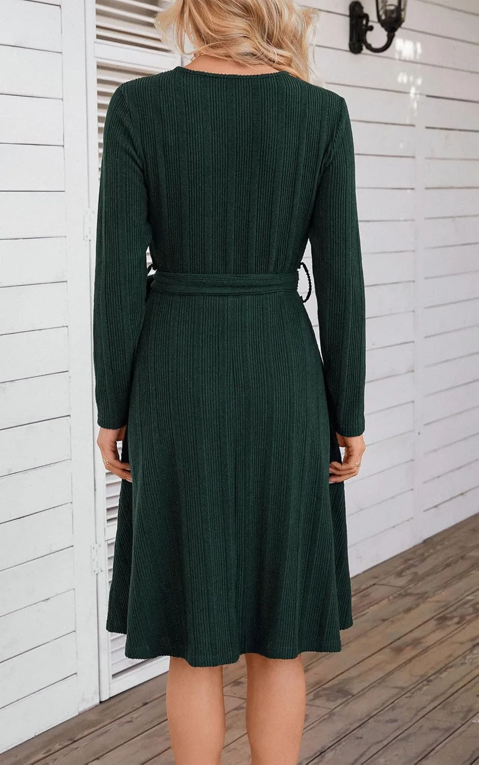 Kormei Women's Sweater Dress Long Sleeve Casual Outfits V Neck Ribbed Knit Belt Wedding Dresses