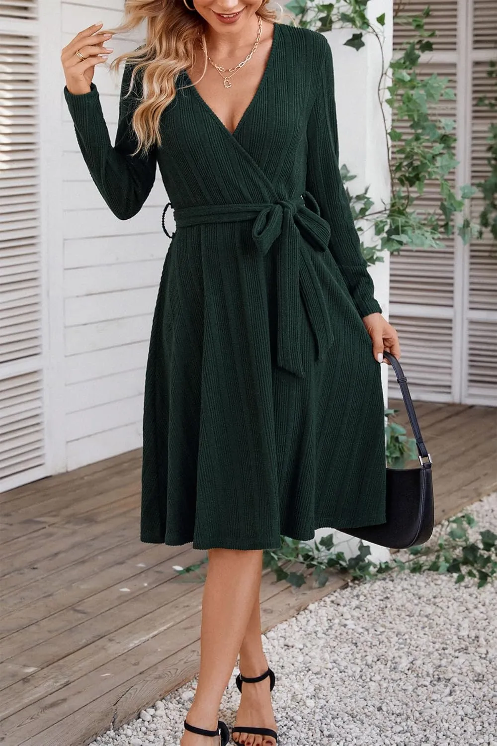 Kormei Women's Sweater Dress Long Sleeve Casual Outfits V Neck Ribbed Knit Belt Wedding Dresses