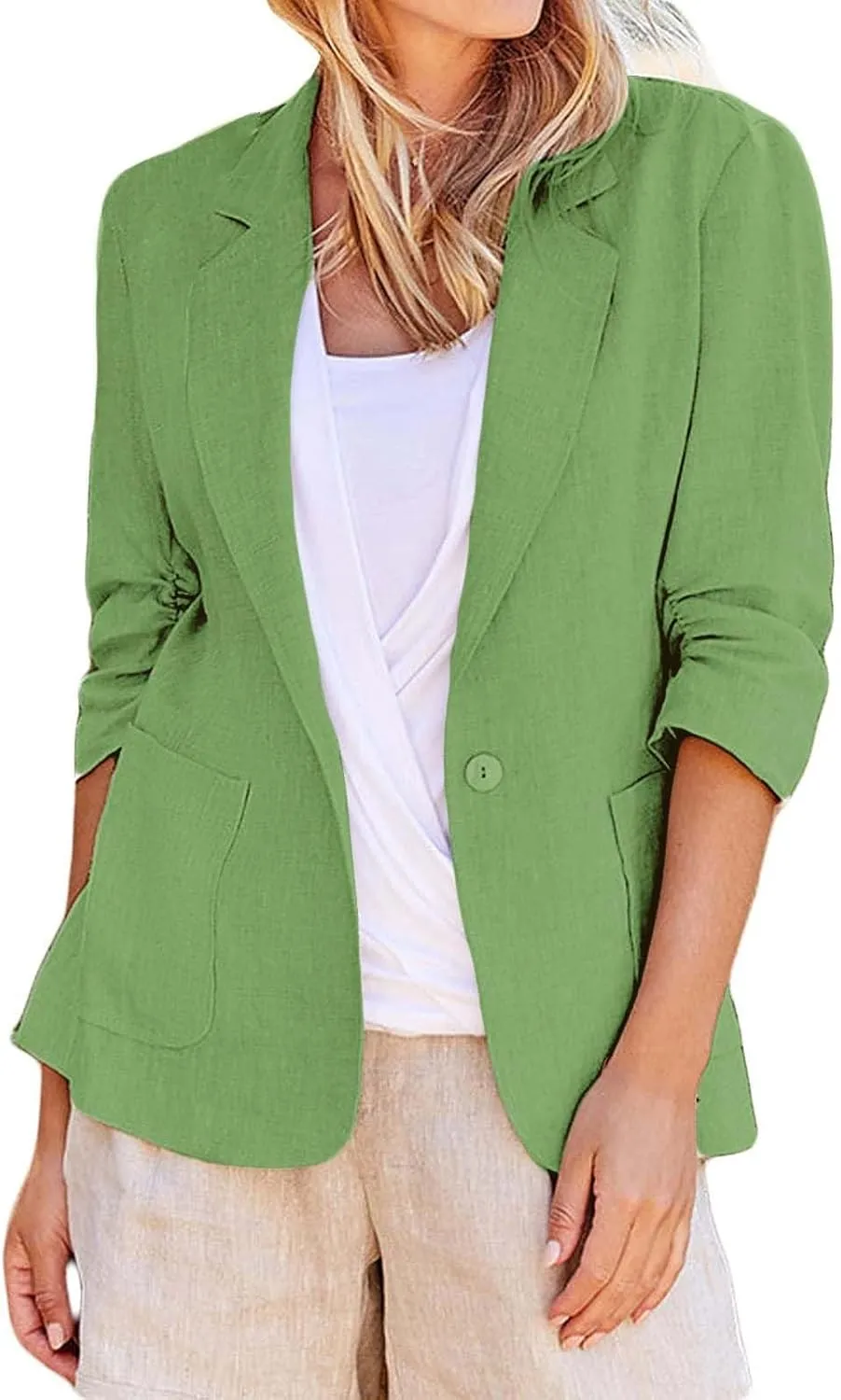Linen Blazer Women Summer Lightweight 3/4 Sleeve Jacket Dressy Open Front Cardigan Business Casual Work Outfits