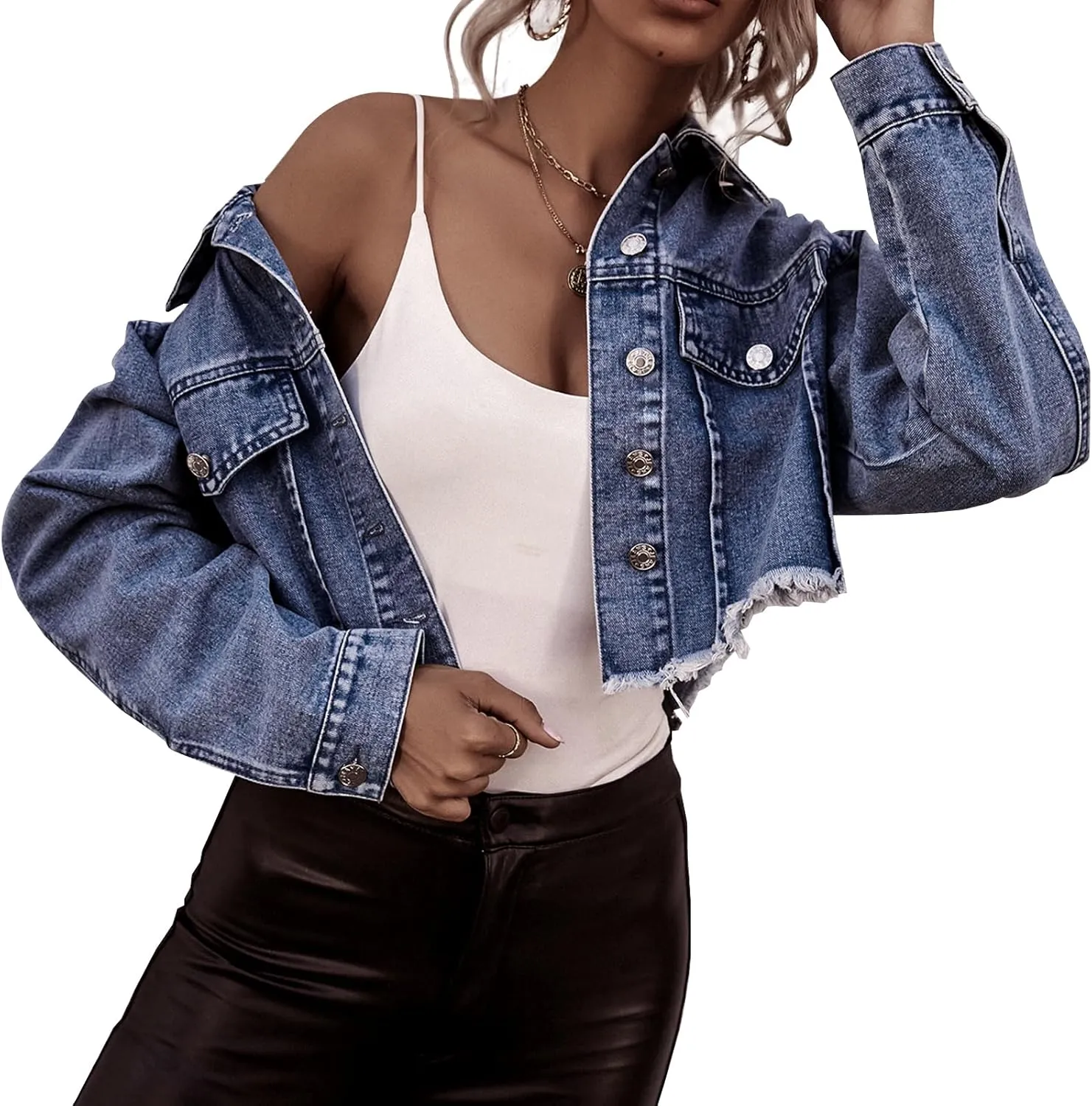 LONGYIDA Women's Cropped Denim Jacket | Distressed Button-Down Jean Jacket | Long Sleeve Ripped & Frayed Blue Coat