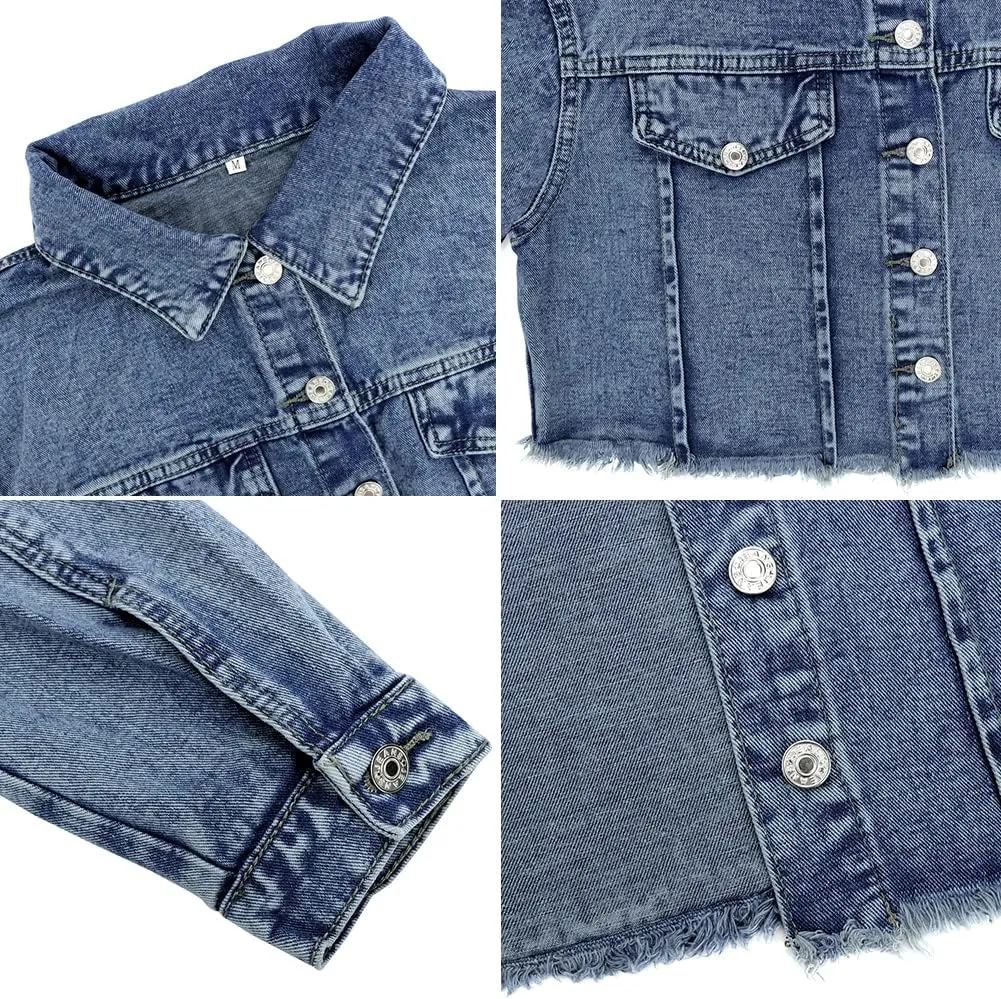 LONGYIDA Women's Cropped Denim Jacket | Distressed Button-Down Jean Jacket | Long Sleeve Ripped & Frayed Blue Coat