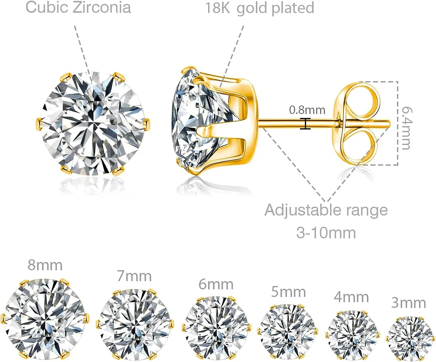 MDFUN 18K White Gold Plated Round Clear Cubic Zirconia Stud Earring Pack of 6 Pairs (6 Pairs)