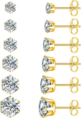 MDFUN 18K White Gold Plated Round Clear Cubic Zirconia Stud Earring Pack of 6 Pairs (6 Pairs)
