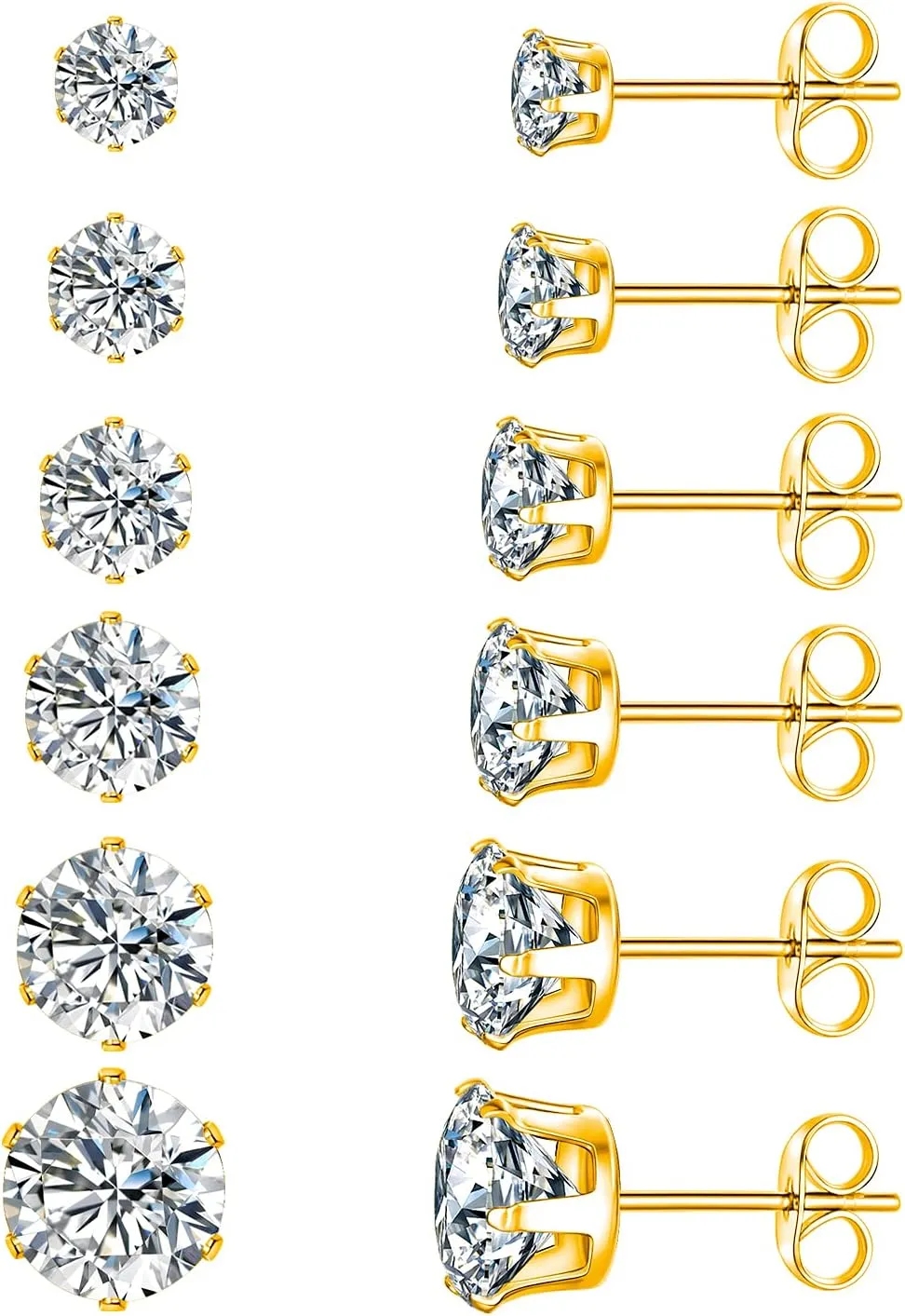 MDFUN 18K White Gold Plated Round Clear Cubic Zirconia Stud Earring Pack of 6 Pairs (6 Pairs)