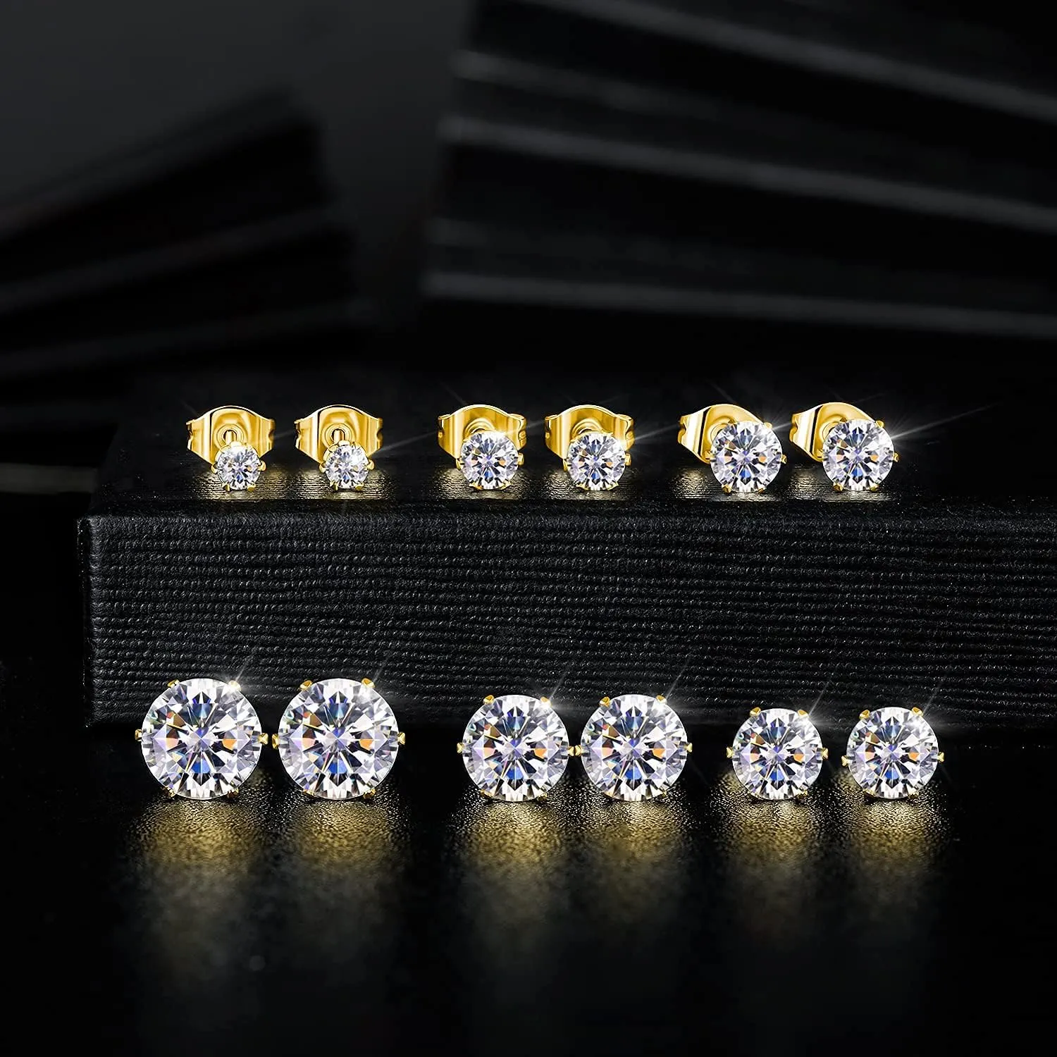 MDFUN 18K White Gold Plated Round Clear Cubic Zirconia Stud Earring Pack of 6 Pairs (6 Pairs)