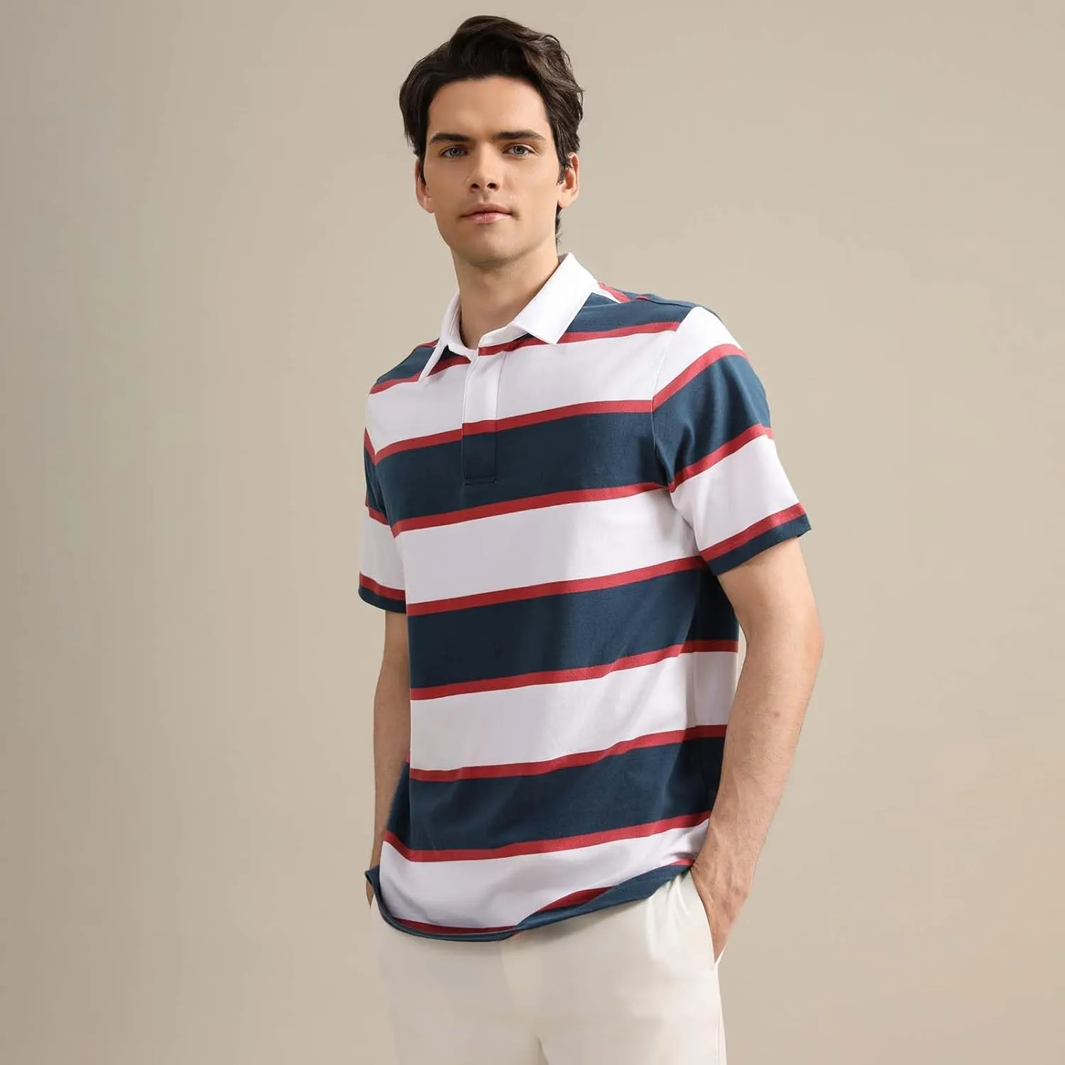 Mens Polo Shirts Striped Cotton Moisture Wicking Classic Collared Casual Golf Shirts for Men