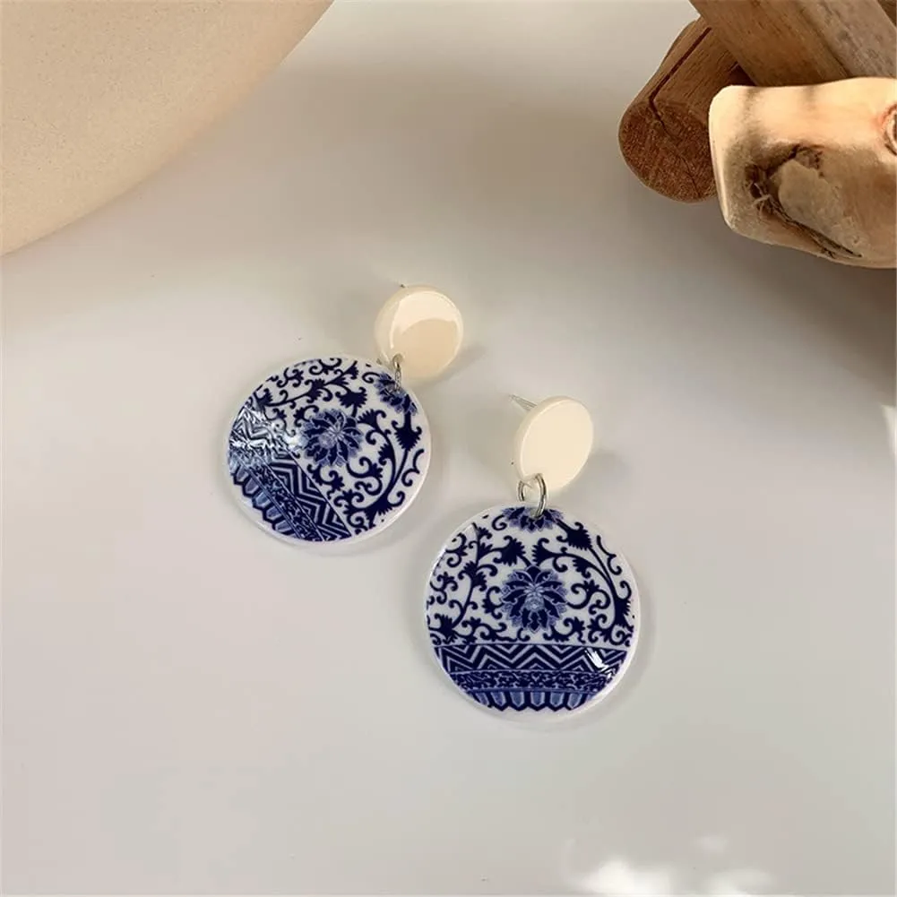 MIGUO STORE Chic Fashion Royal Blue Geometric Earrings Acrylic Ethnic Style Dangle Drop Earrings for Women Unique Personalized Charm Earrings Gift