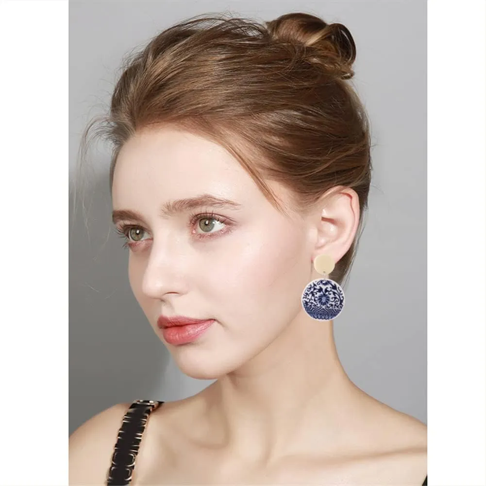 MIGUO STORE Chic Fashion Royal Blue Geometric Earrings Acrylic Ethnic Style Dangle Drop Earrings for Women Unique Personalized Charm Earrings Gift