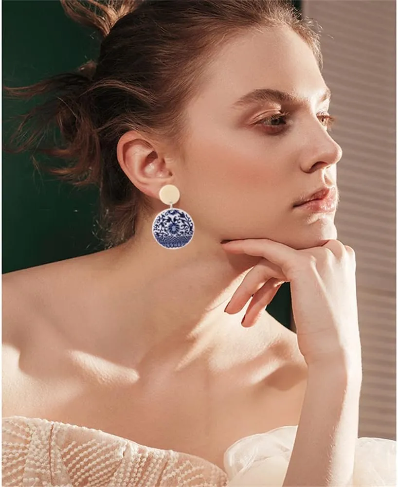 MIGUO STORE Chic Fashion Royal Blue Geometric Earrings Acrylic Ethnic Style Dangle Drop Earrings for Women Unique Personalized Charm Earrings Gift