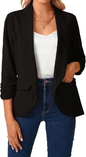 MINTLIMIT Women 3/4 Sleeve Blazer Lightweight Open Front Cardigan Blazers Shawl Collar Work Office Jacket with Pockets (Black, Size L)