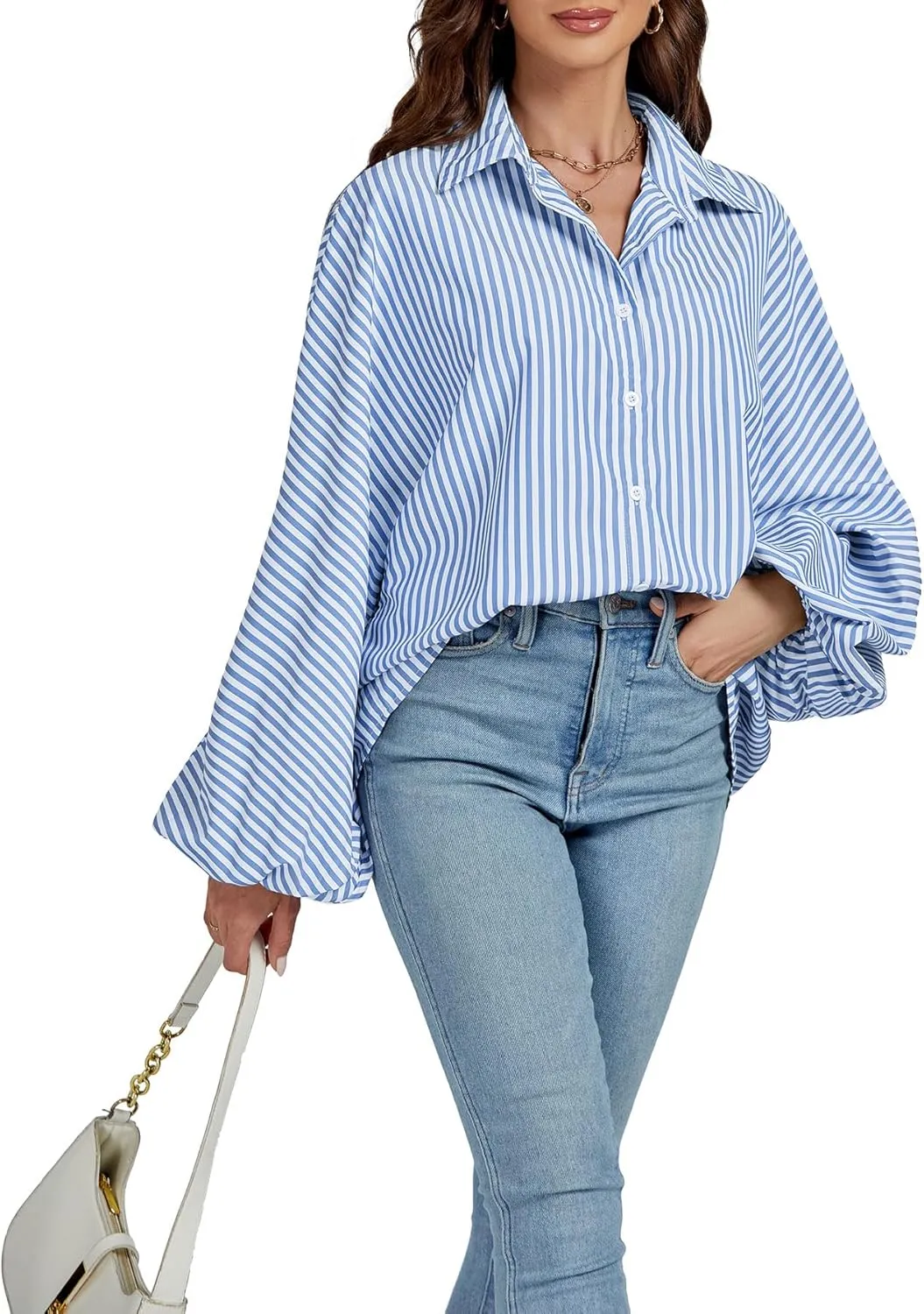 OPOIPIN Women's Striped Print Bishop Long Sleeve Collar V Neck Button Down Blouse Shirt Top