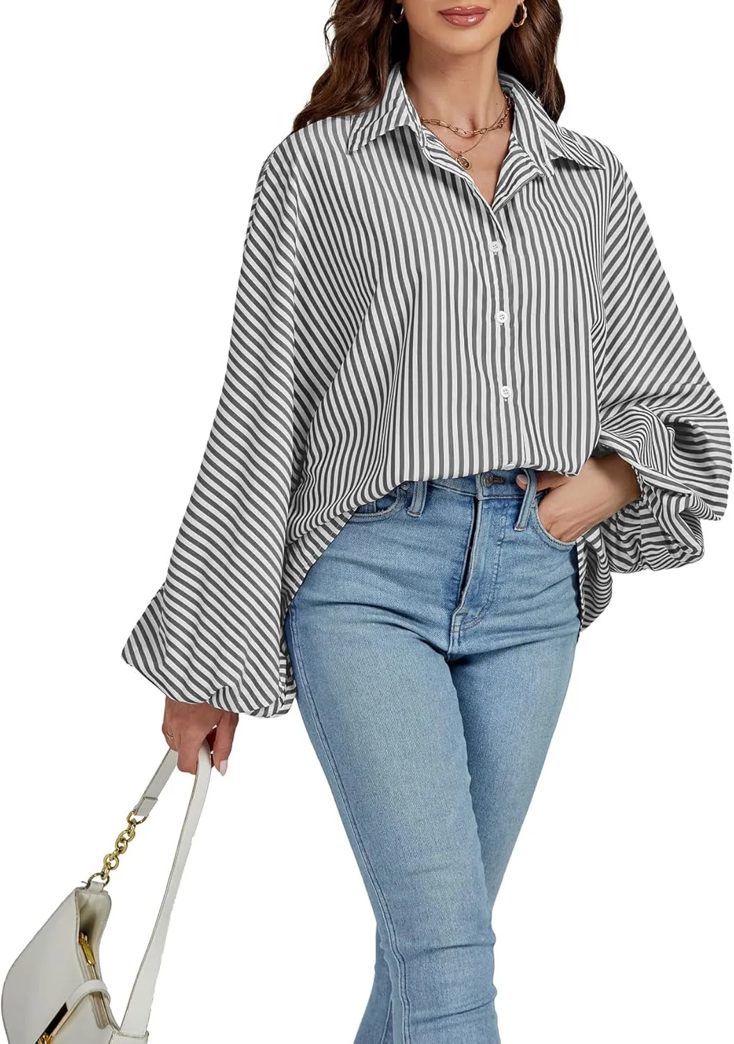 OPOIPIN Women's Striped Print Bishop Long Sleeve Collar V Neck Button Down Blouse Shirt Top