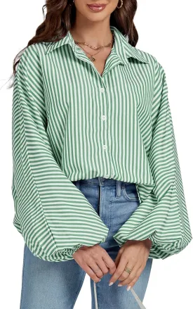 OPOIPIN Women's Striped Print Bishop Long Sleeve Collar V Neck Button Down Blouse Shirt Top