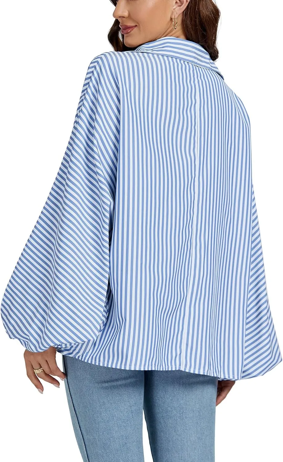 OPOIPIN Women's Striped Print Bishop Long Sleeve Collar V Neck Button Down Blouse Shirt Top