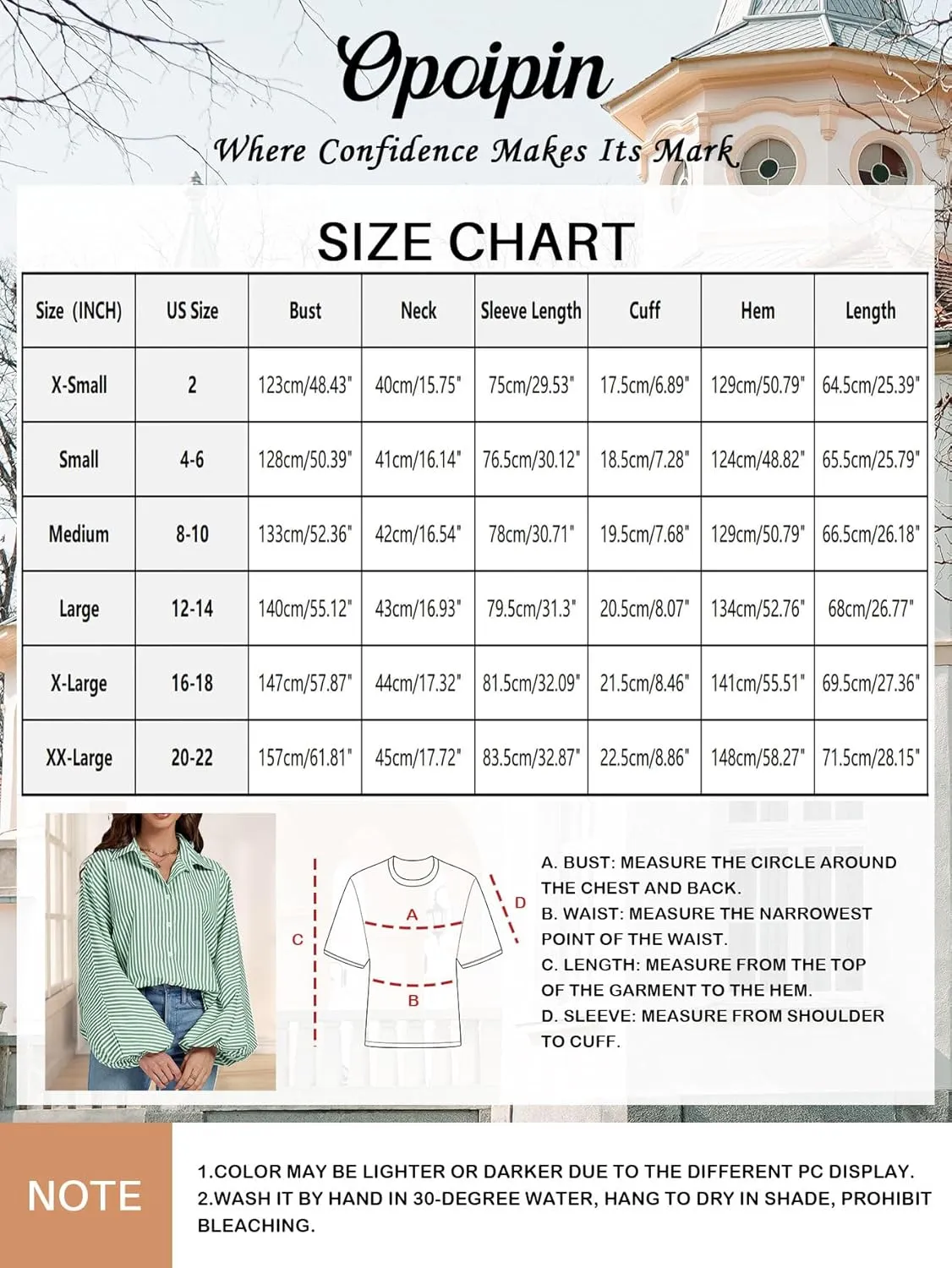 OPOIPIN Women's Striped Print Bishop Long Sleeve Collar V Neck Button Down Blouse Shirt Top
