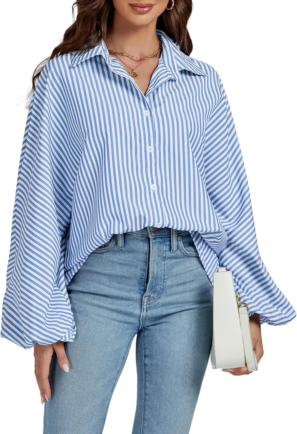 OPOIPIN Women's Striped Print Bishop Long Sleeve Collar V Neck Button Down Blouse Shirt Top