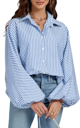 OPOIPIN Women's Striped Print Bishop Long Sleeve Collar V Neck Button Down Blouse Shirt Top