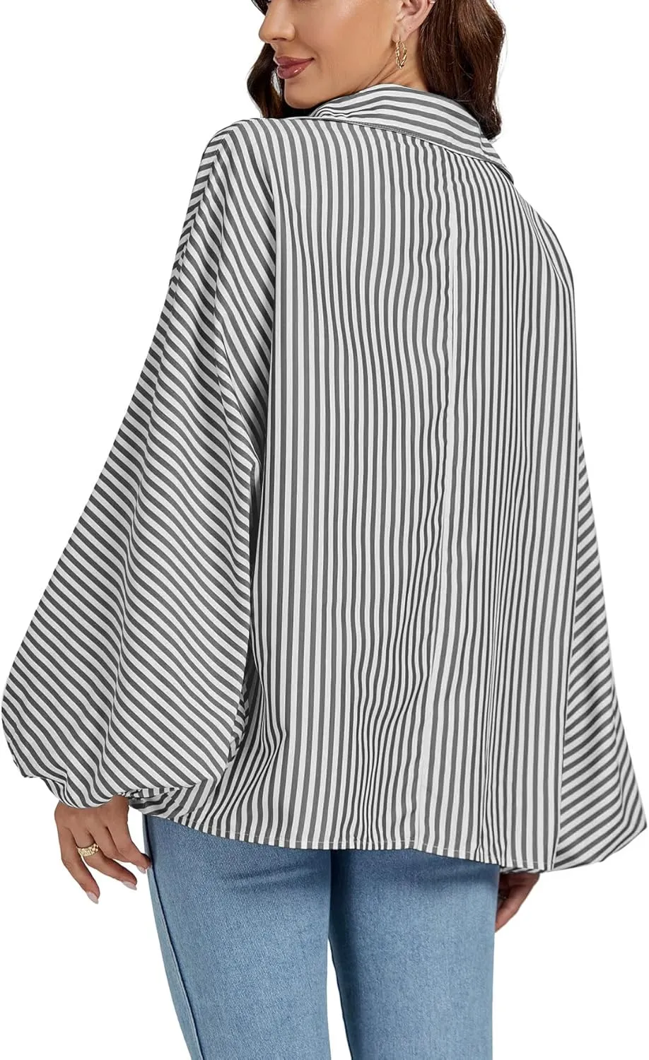 OPOIPIN Women's Striped Print Bishop Long Sleeve Collar V Neck Button Down Blouse Shirt Top